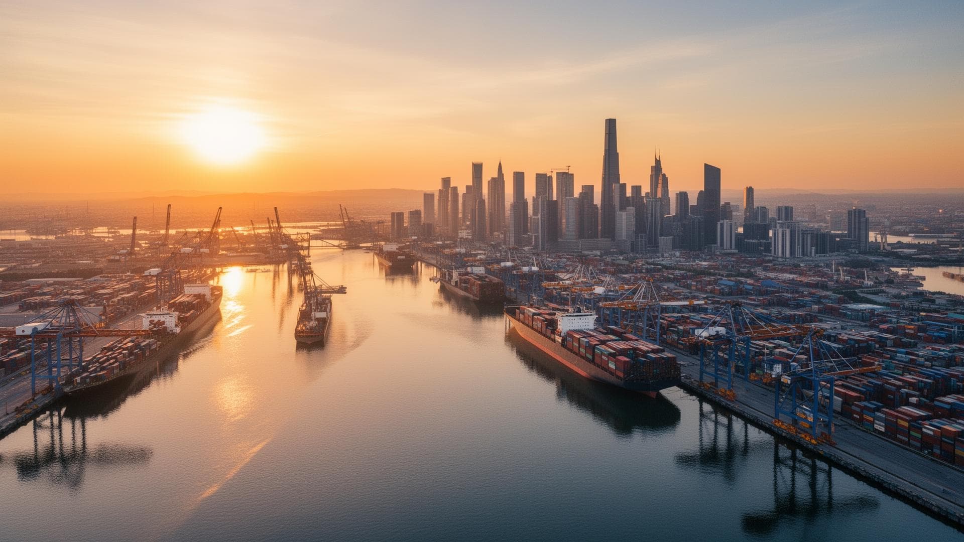Porto internacional ao pôr do sol
